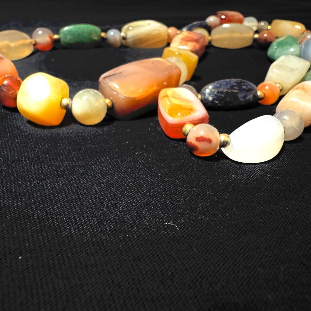 Multicolor Polished Stone Beaded Necklace Agate Jasper Carnelian Look